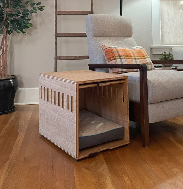 View of JUNJI Handmade Modern Wooden Dog Crate Furniture - Pine Pet House Side ...