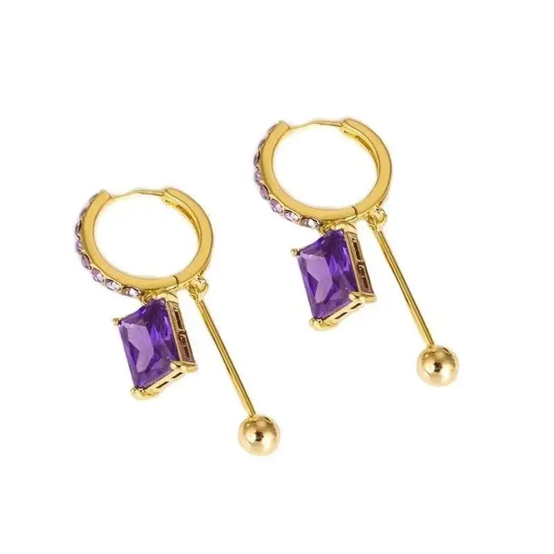AA02164 Sparkling Geometric Drop Earrings for Women Luxury Purple Crystal Tassel Earrings