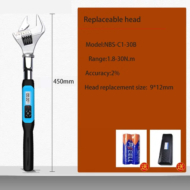 1/2in /1/4in/1/8in Variable Head Digital Torque Wrench 30N.m Interchangeable Head Torque Wrench