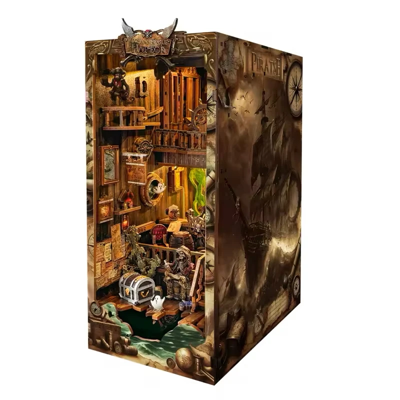 Hamaileon DIY 3D Puzzle Model Building Wooden Bookshelf Bookend Toy New World Pirate Ship Miniature Doll House