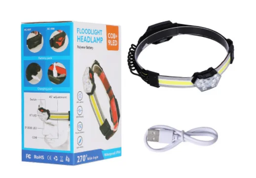 2022 new waterproof 270 Wide Beam Flashlight Bright Headlight Rechargeable LED COB Head Lamp For Running Camping details