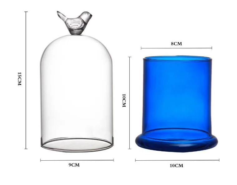 High Quality Handmade Clear Cloche Glass Dome Candle Jars Printed Colored Glass Base Candle Bell Dome Jar with Heart Bird Handle