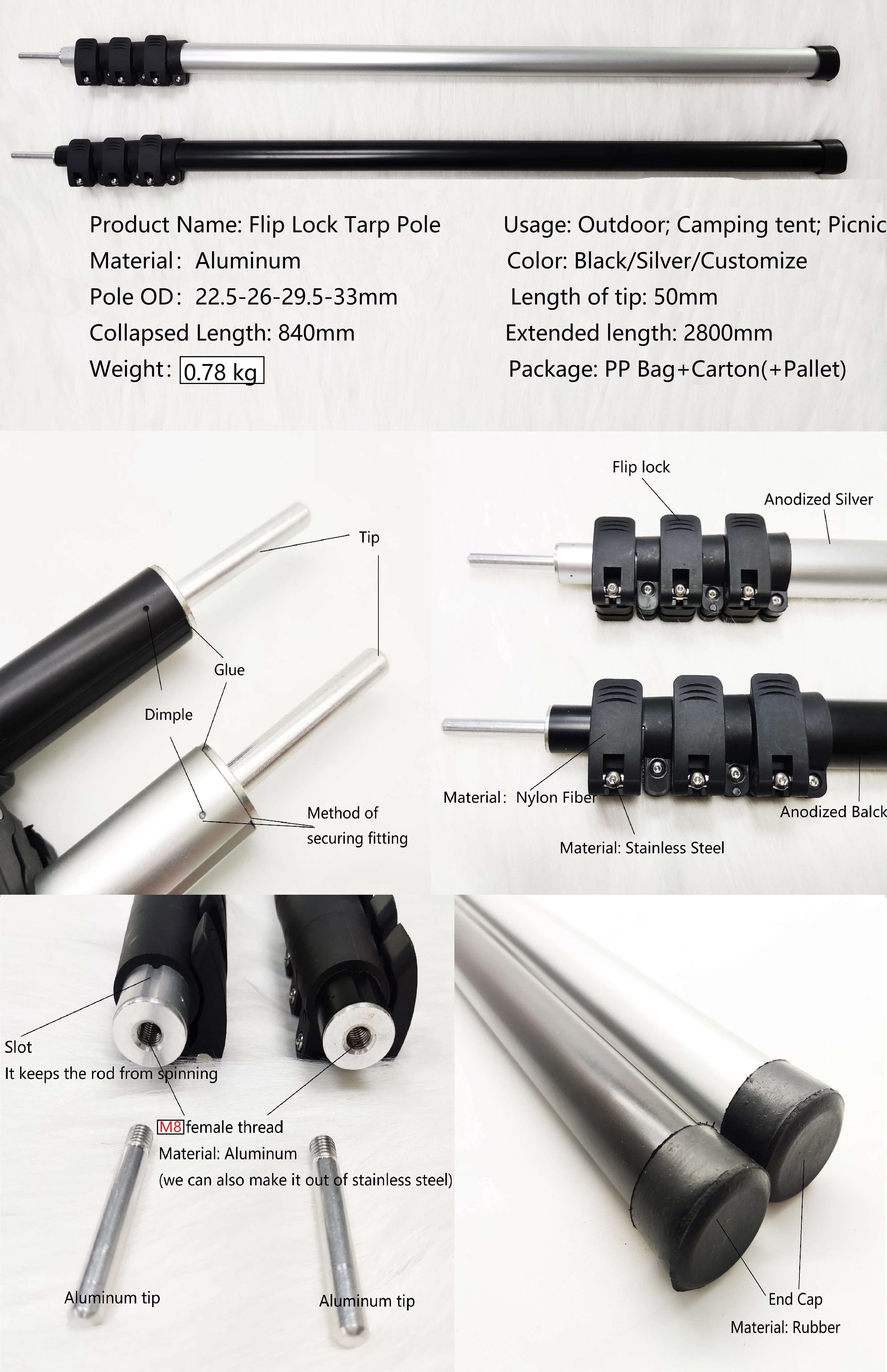 Flip Lock 9.2 Feet Extension Tarp Pole Telescopic Aluminum Tent Pole