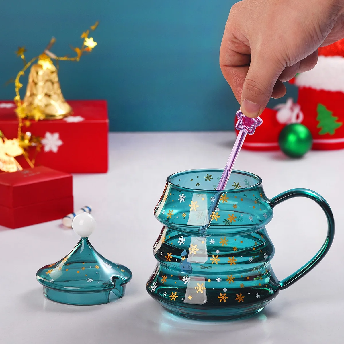 2 Tasses à Café En Verre Forme Sapin De Noël - 300ml, Double Paroi Isolante - Avec Couvercle Et Cuillère Dorée - Cadeau De Noël - 8
