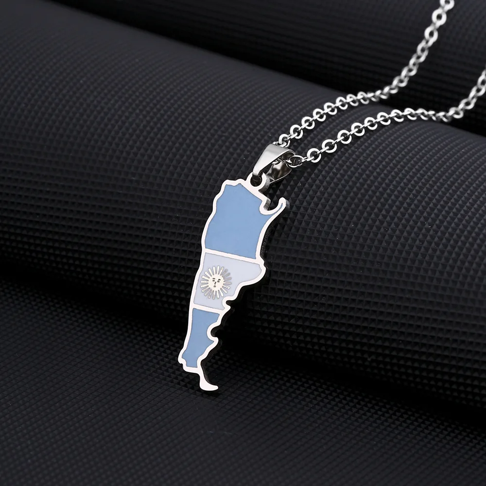 Manufacturer Enameled Stainless Steel Silver 18K Gold Plated Charm Necklaces Enamel Argentina Flag Map Pendant Necklace
