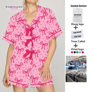 Custom logo Print Pajamas pink Cute Stylish Loungewear Valentines Day love All Over Heart Bow Pajama Sets for Women