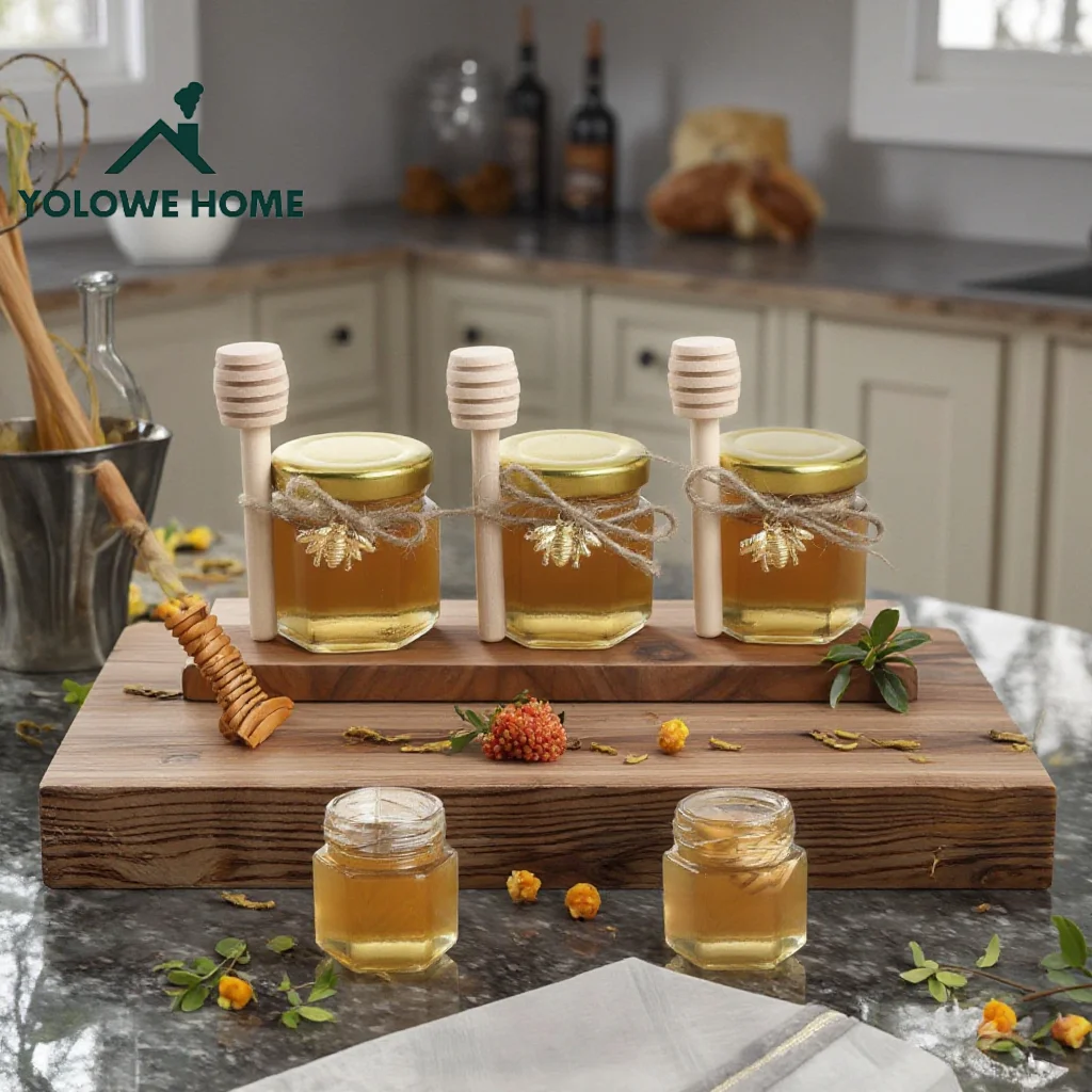 IIKUM 60 Pack 1.5 Oz Hexagon Mini Glass Honey Jars With Wooden Dippers, Bee Pendants