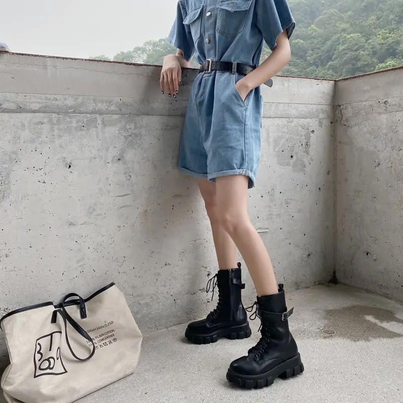 ▷ Botas de plataforma para mujer, punta redonda, gruesas, botas pun