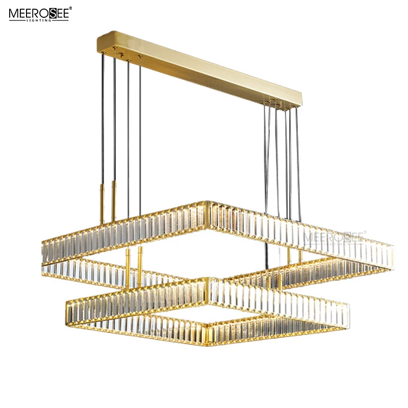 MEEROSEE Golden Pendant Lamp Copper Crystal Chandelier Light Square Rectangle Hanging light for Dinning Living Room MD87222