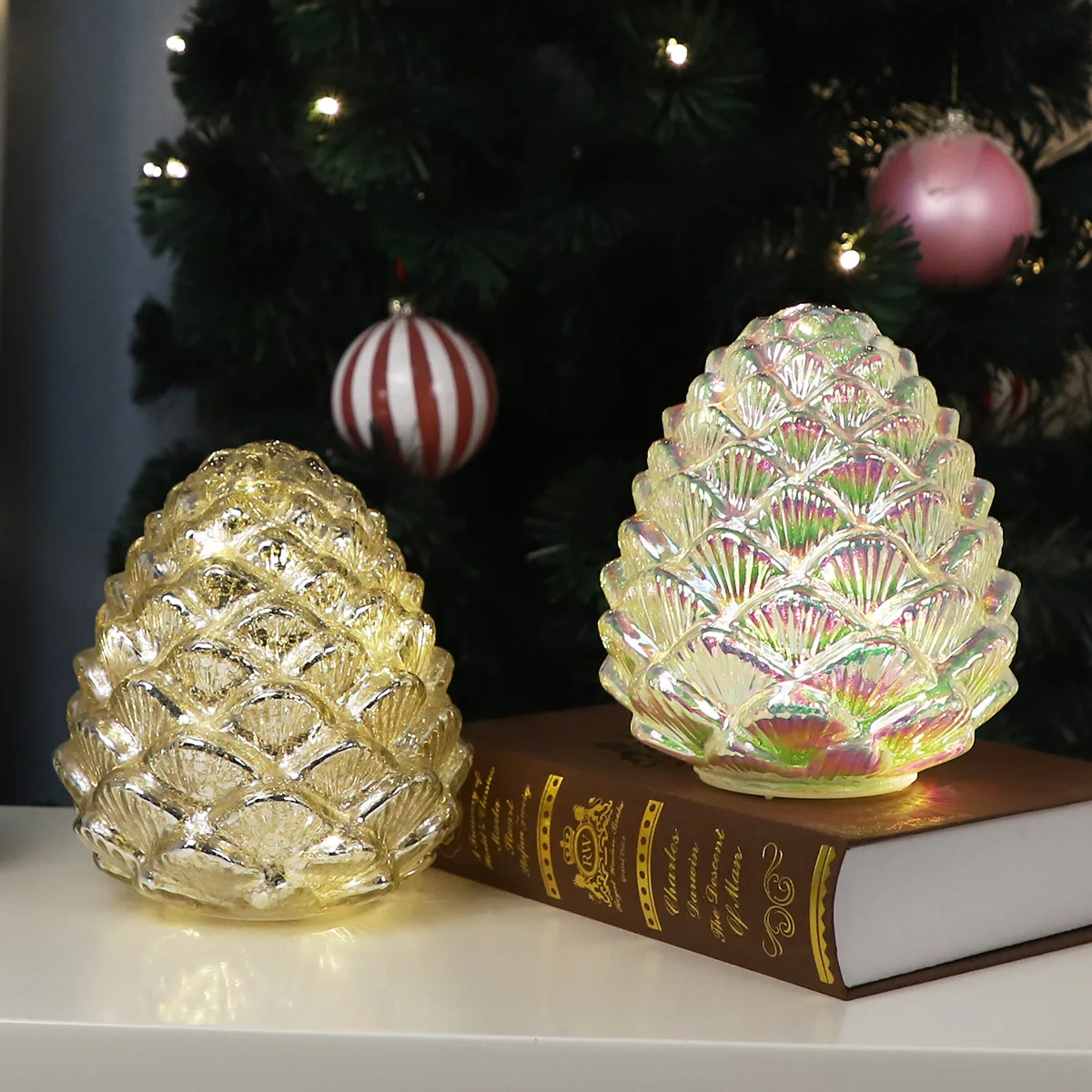 Luxury Big Hand Blown Golden Glass Transparent Pine Cone Shaped Christmas Decoration New Year Party Holiday Home Ornaments details