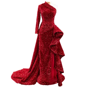 2022 High Quality New Design Women One Shoulder Long Sleeve Shiny Red Sequin Lace Evening Dress
