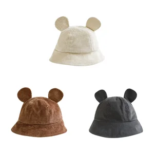 GS0945/Corduroy Baby Bucket Hat Boys Girls Kids Children Toddler Fisherman Hat with 3D Bear Ears