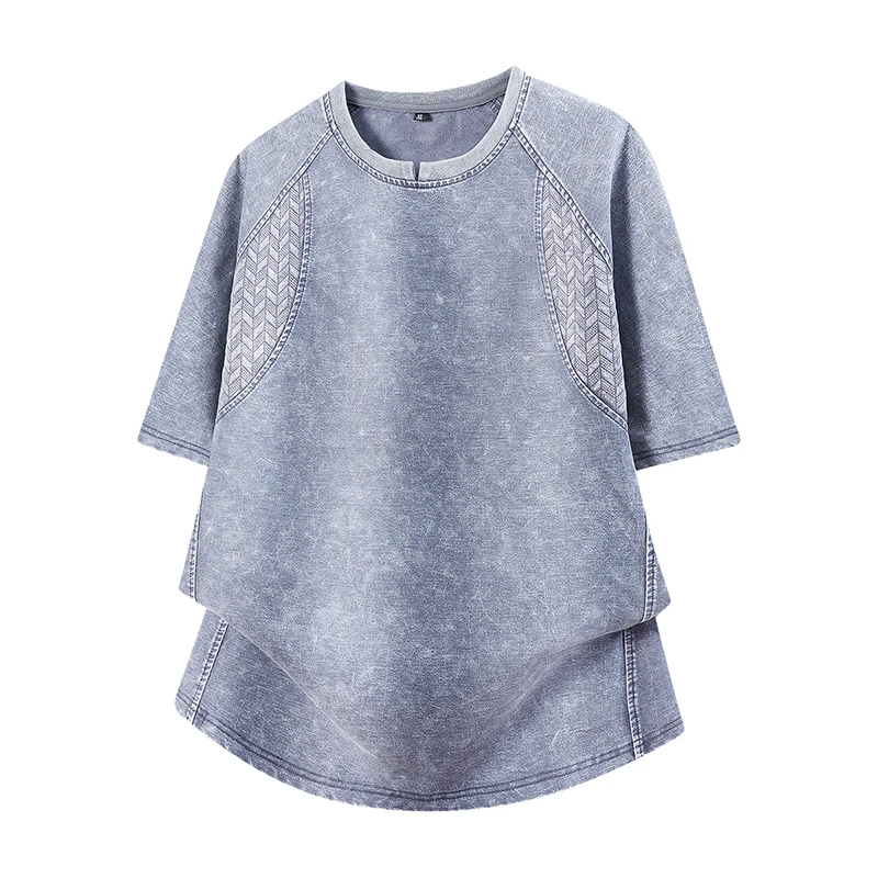 Retro-style washed breathable solid color short-sleeved T-shirt, 100% polyester men's casual top.