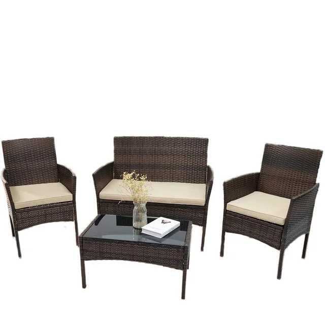 High Quality 4-Piece Outdoor PE Rattan Table and Chair Set Modern Style Balcony and Courtyard Garden Furniture with Cushions