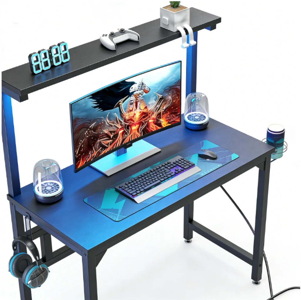 LED-Lit Gaming Desk with Overhead Shelf & Cable Management aperçu 2