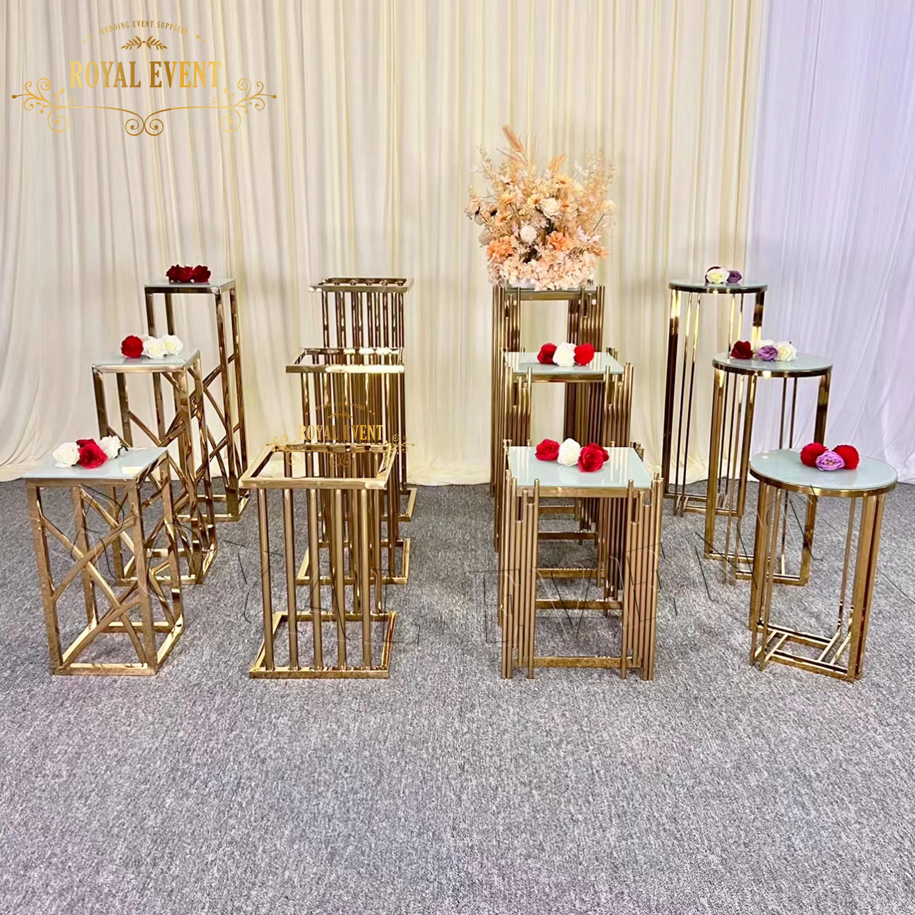 Luxury Custom Square Metal Flower Stand Stainless Steel Gold Cake Stand  Cylinder Display Plinths for Sale