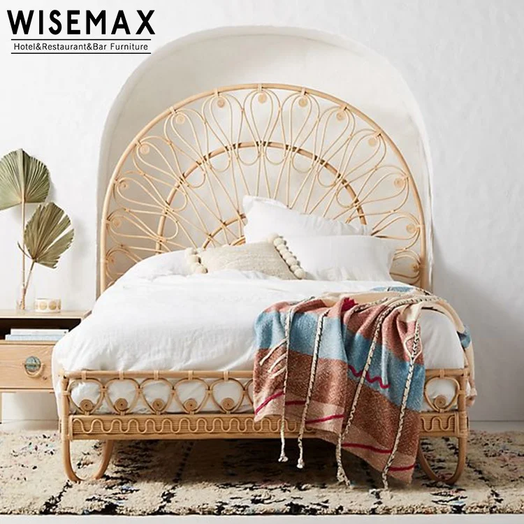 WISEMAX FURNITURE Nature Simple Style King Bed Room Furniture Rattan Wooden Bed Design Bedroom Set Furniture