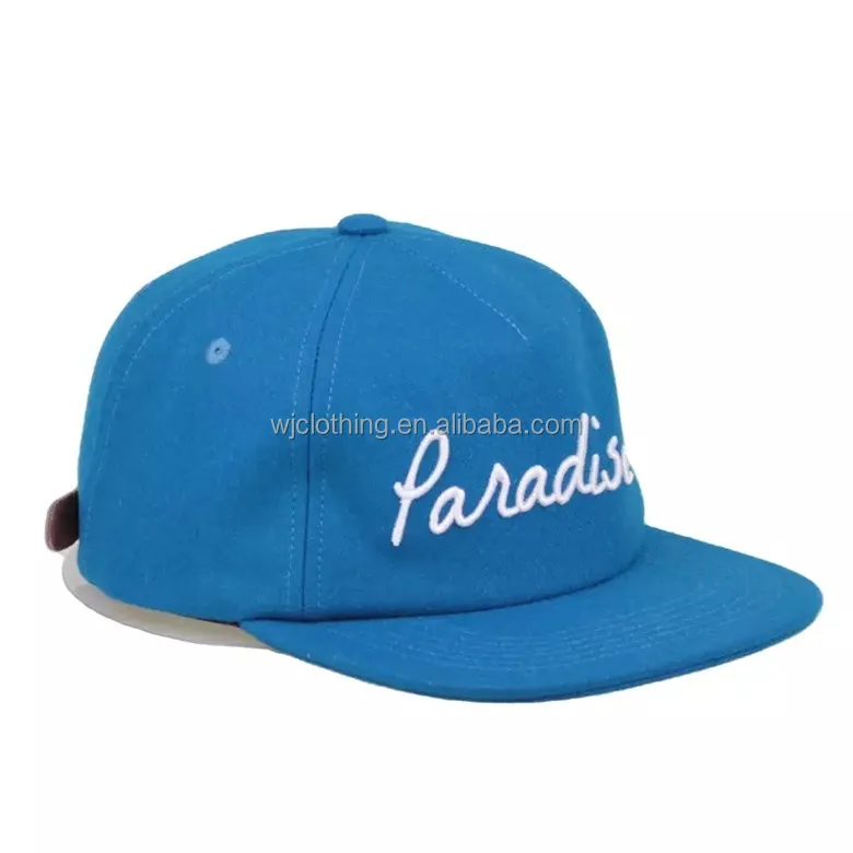 Custom 3d Embroidered Blue Melton Flat Brim Dad Hat Leather Strap