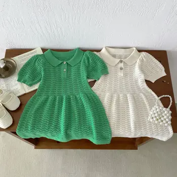 2024 Summer new girls' baby French style hollow cotton knitted short sleeve thin dress breathable cool skirt