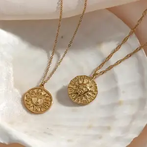 Retro 12 Zodiac Signs Pendant Necklace Stainless Steel with 18K Gold Plating No Fading Disc Sun Link Chain Gift
