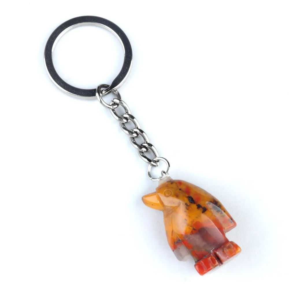 Crystal Stone Penguin Figurines Keychain Natural Gemstone Carved Animal Reiki Healing Stones Crafts Key Ring for Women Girl Gift