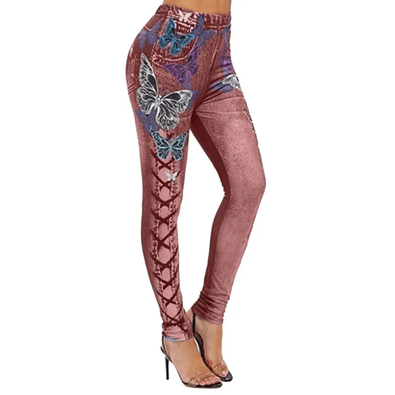 Breathable Stretch Material Butterfly Printed Leggings For Women Plus ...