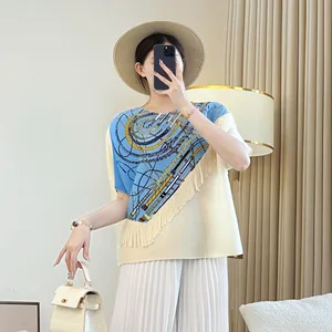 Miyake Printed Jacket Slim Fit Joker T-Shirt Summer Loose Meat Covering Foreign Style Generation Hair Polyester Chiffon