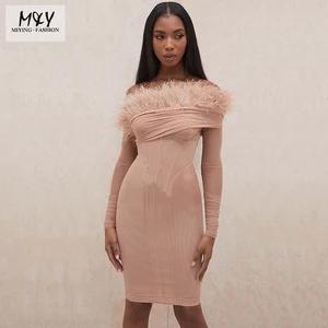 MIYING OEM Custom Feather Trim Dress Off-Shoulder Bandage Midi Dresses Banquet Cocktail Elegant Evening Gown