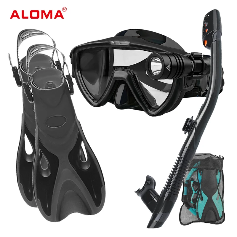 ALOMA 2024 new Fashion snorkel set diving mask and Dry snorkel with swim Flipper Fins and diving light with bag
