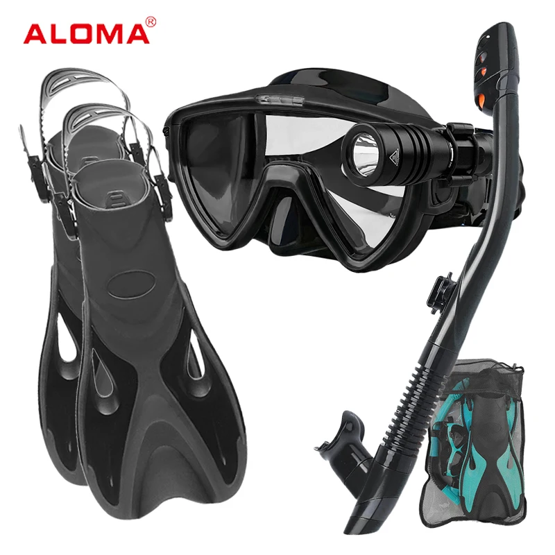 aloma 2024 baru mode snorkel set topeng menyelam dan snorkel kering dengan berenang sirip dan lampu menyelam dengan tas