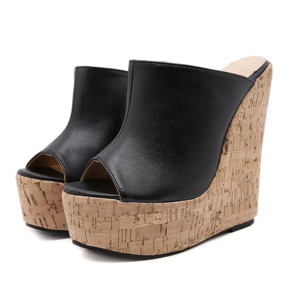 Eilyken Newest Peep Toe Platform Wedge Slippers Black Summer Shoes ...