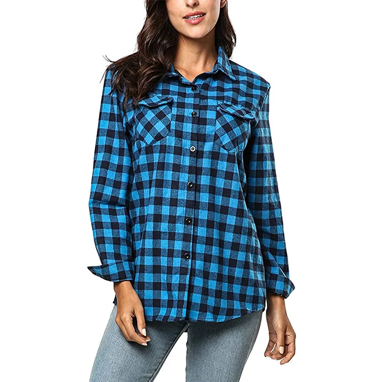 women casual long sleeve blouse 100% cotton flannel plaid shirt