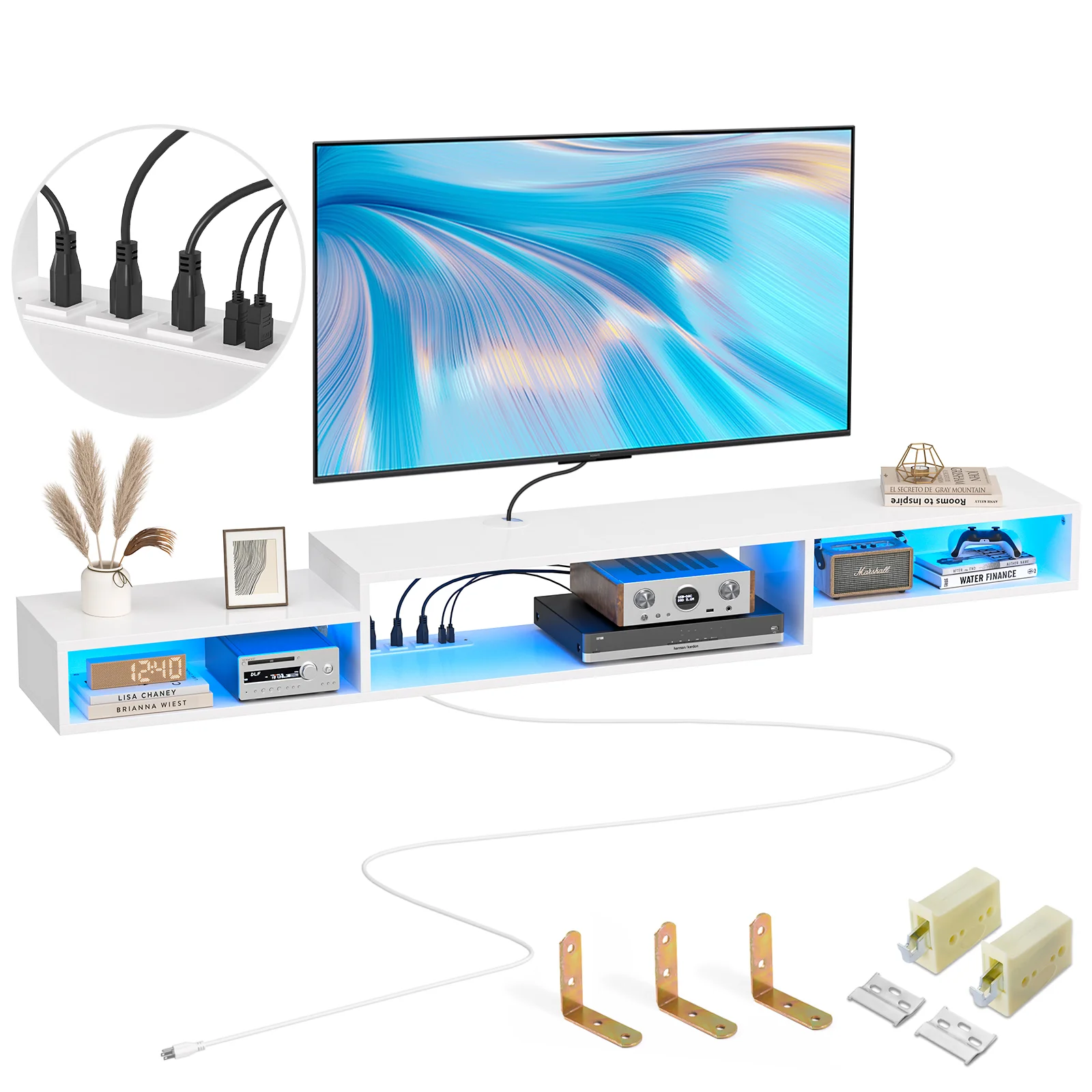 Floating TV Stand with Power Outlet Wall Mounted Media Console Cabinet Shelf Under TV for Cable Box Audio Video