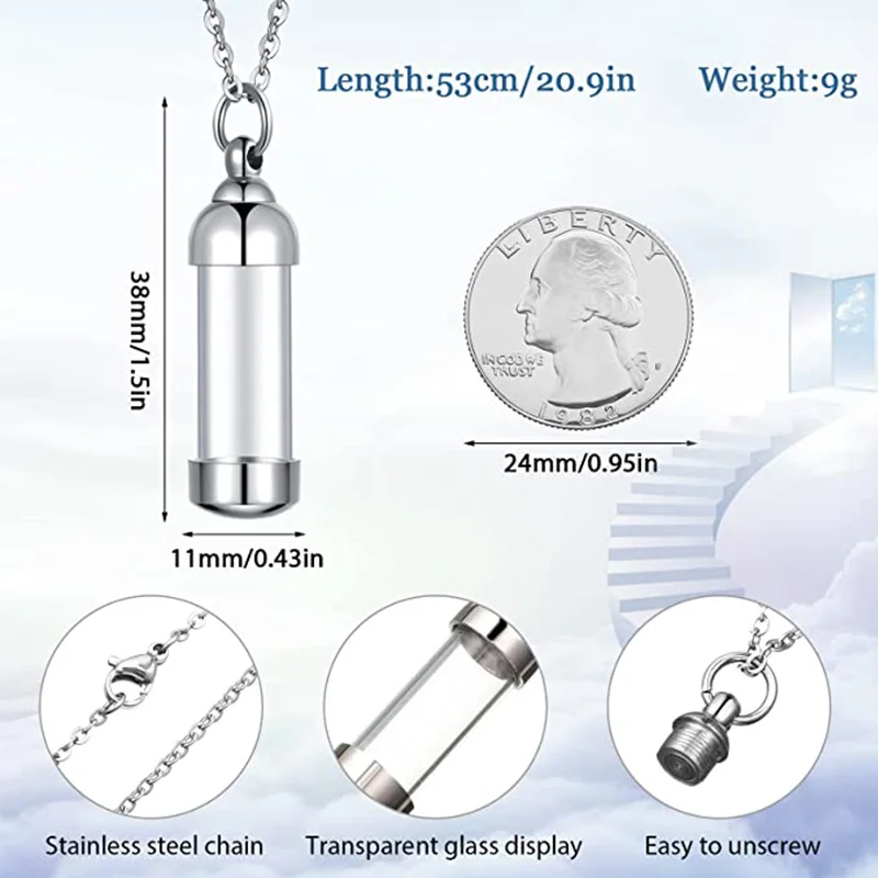 Women Men Stainless Steel Glass Container Cylinder Urn Pendant Memorial Necklace Ashes Holder Keepsake Cremation Jewelry