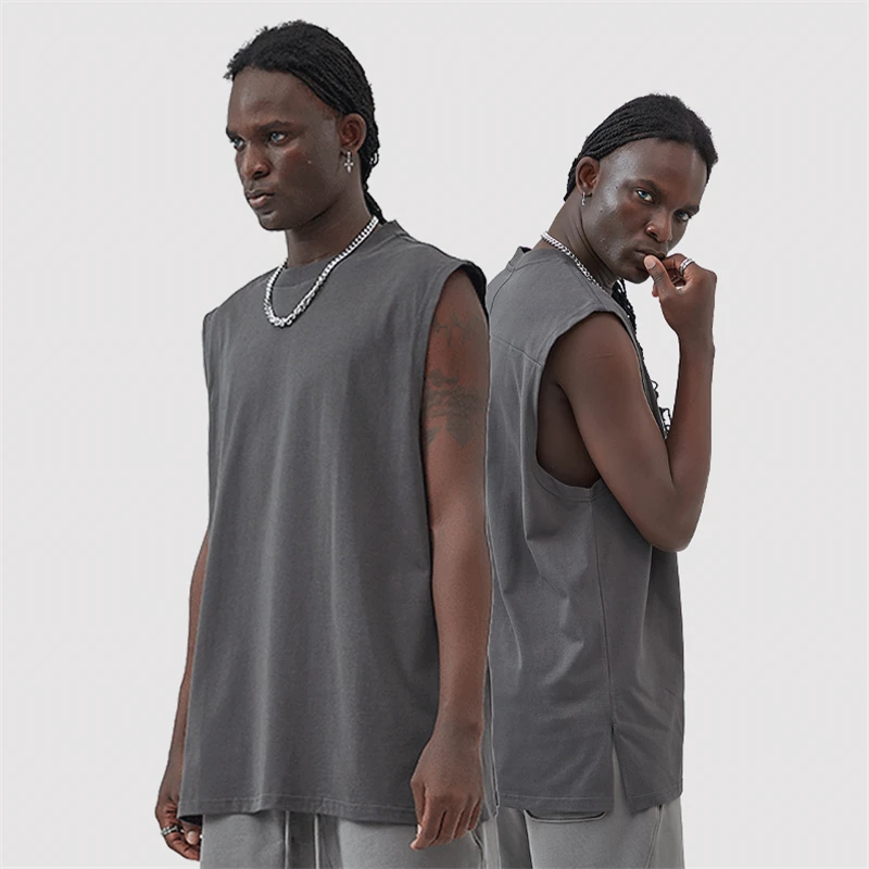 Custom High Quality 250GSM Men's Sleeveless T-Shirt 100% Cotton Blank  Singlets Distressed Fashion Streetwear Knitted Vest Tank - Main Image