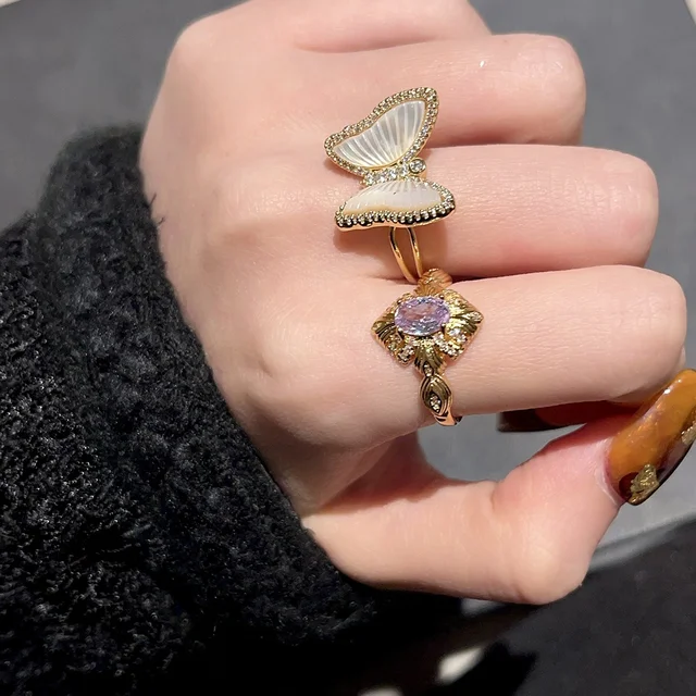 Italian StyleResizable 18K Gold-Plated Ring with Purple Zircon Water Droplet & Shell Butterfly Design for Weddings