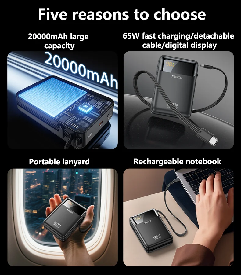 Yesido 20000mAh PD65W Fast Charging Digital Display With 40cm Long Type-C Cable Power Bank Rechargeable Notebook YP97