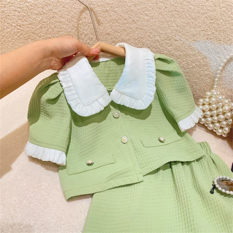 Korean Baby Girls Doll Collar Waffle Coat+shorts 2 Pieces Set New