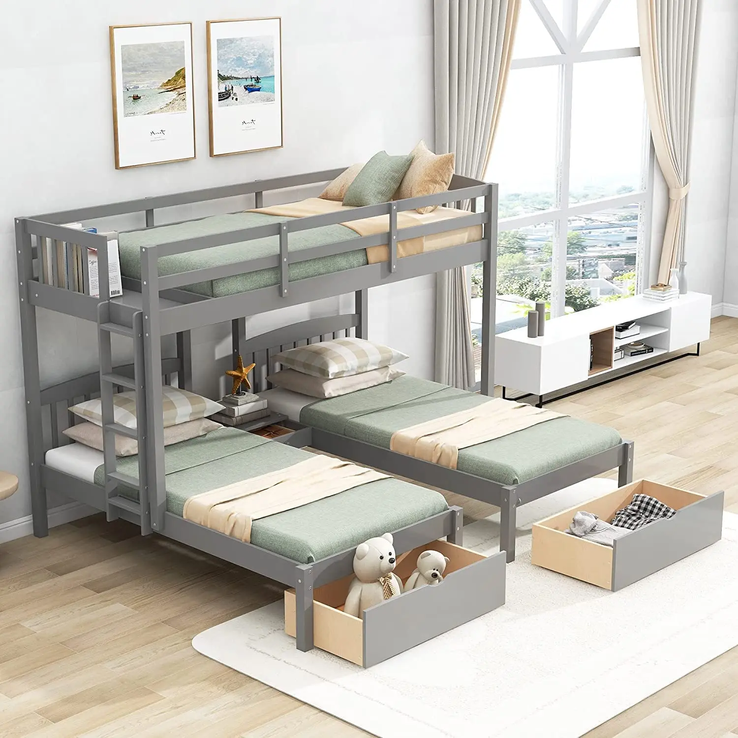 Custom Children Wooden Bed Frame With Two Storage Drawers & Ladder 3 ...