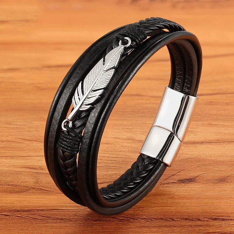New Design Genuine Leather Bracelet 316L Stainless Steel Feather