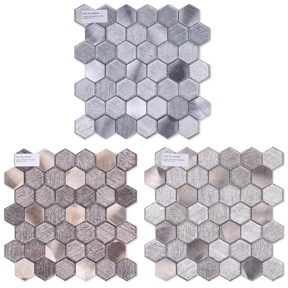 Foshan Factory Mosaico Irregular Honeycomb Brushed Aluminum Tiles Linear Glitter Grey Gold Glass Metal Waterjet Hexagon Mosaic