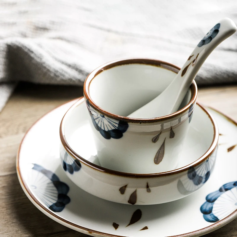 porcelain dinner set for one person oriental style 5 pcs set including plate and rice bowl and cup and spoon chopstick holder