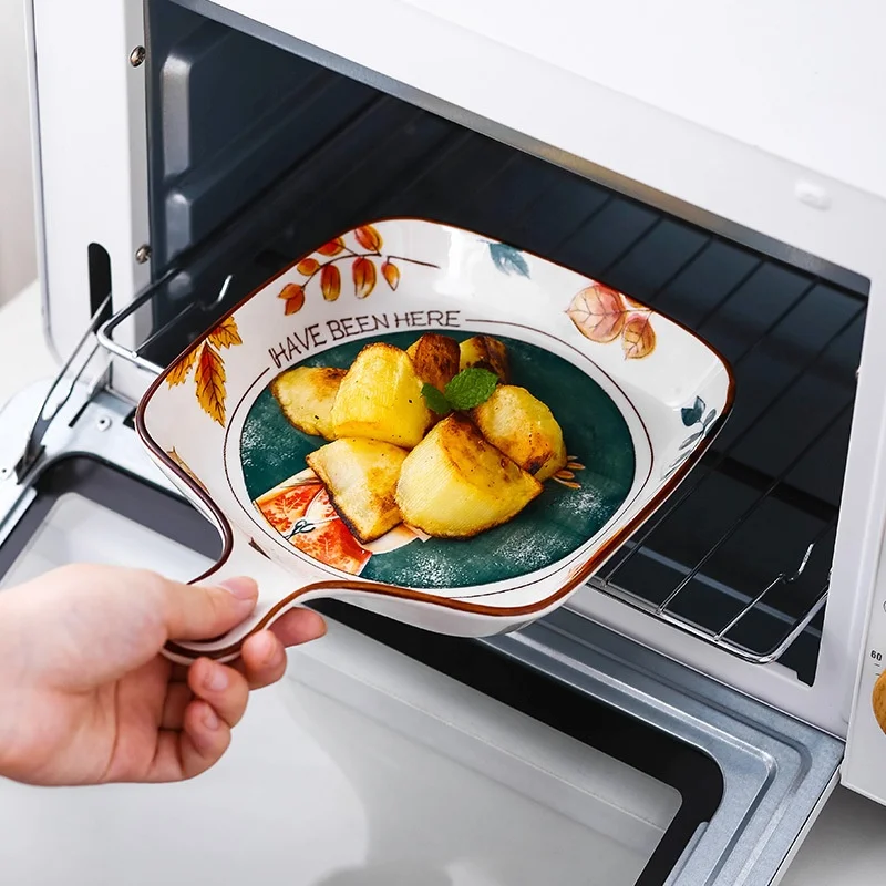 Nordic Style Fruit Pattern Ceramic Tableware Handle Cheese Baked Rice Plate Oven Available Western Food Dish