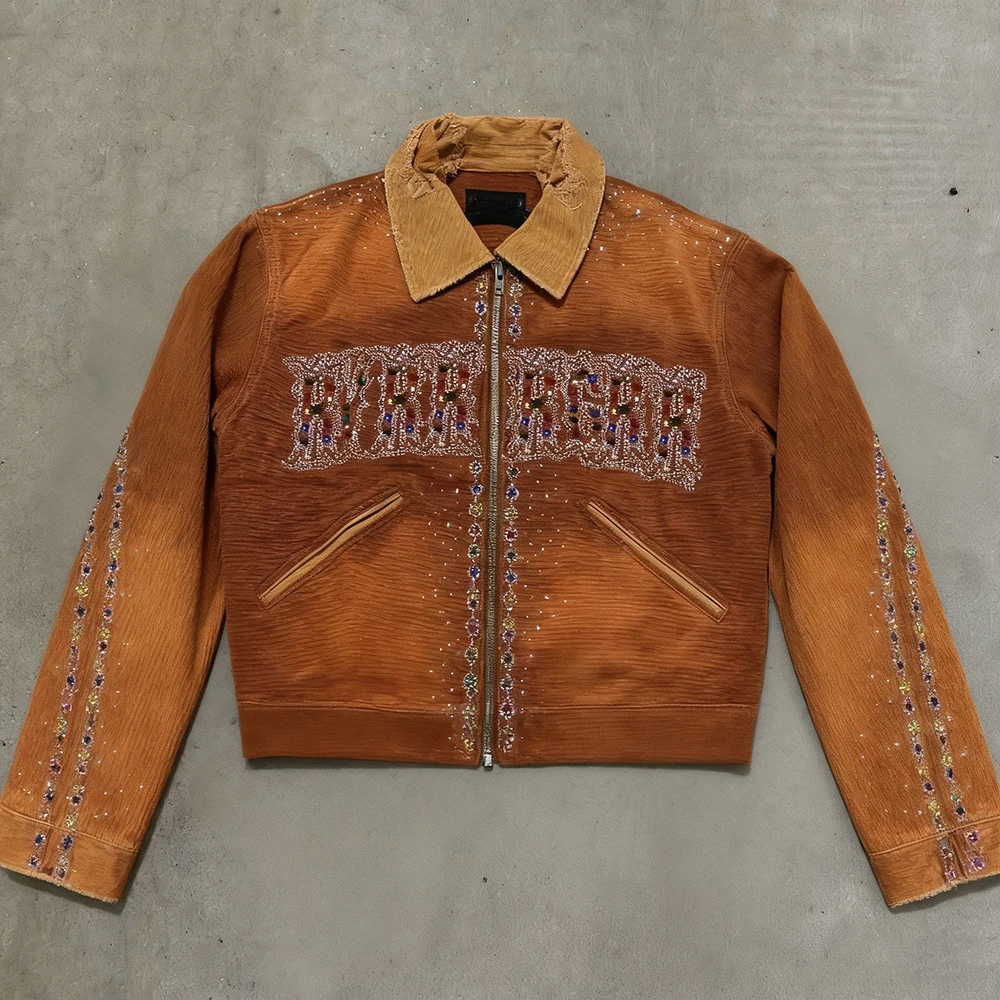 Streetwear na Pasadyang Sira-sira, Vintage Wash, May Diyamante at Rhinestone, Zip-up Corduroy Denim Canvas Jacket para sa Lalaki