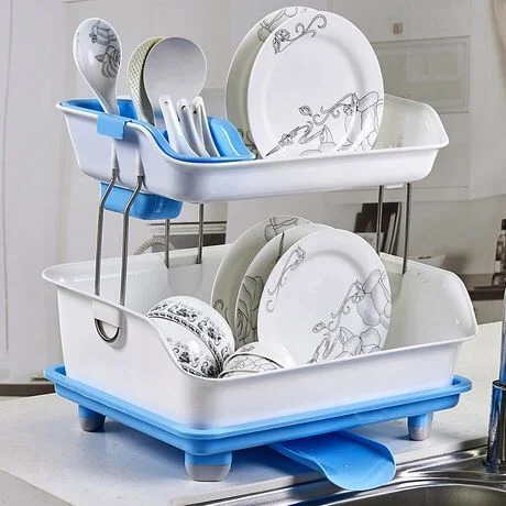 1pc Solid Color Dish Rack, Modern Plastic Blue Dish Drying Rack