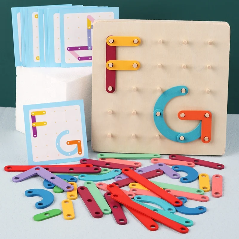 Toddlers Early Learning Alphabet Number Matching Game Toys Montessori Creative Geometric Wood Puzzle Nail Board