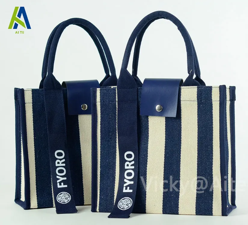 Reusable Stripe Large Capacity Custom logo  with Cotton Tissue Waterproof  Canvas Shopping Tote Yoga Travel  Bag