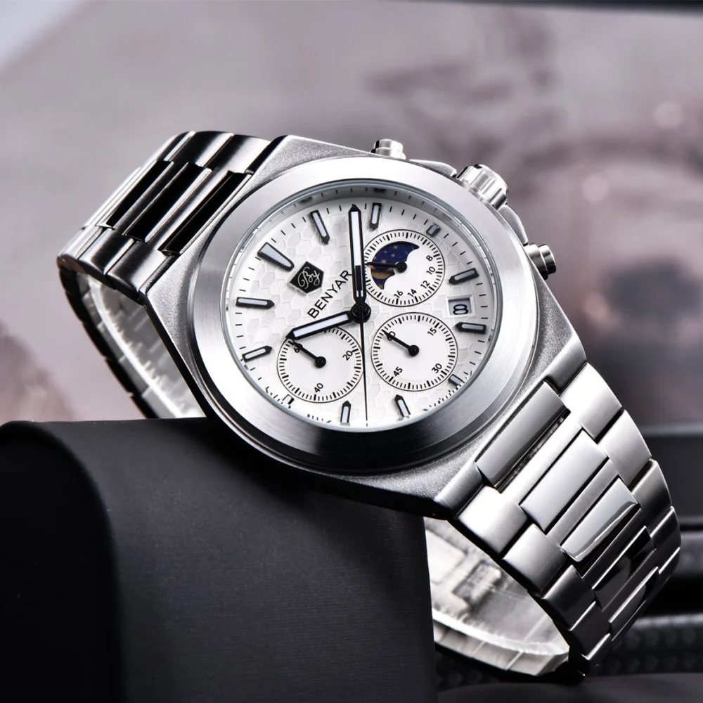 BENYAR 5220 Classic Business Watch Quartz Stainless Steel Waterproof Watch Multi Functional Moon Phase Dial Watches for Man
