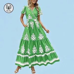 Summer Boho Women Maxi Dress Tiered V Neck Floral Print Flowy A-line Bell Sleeve Viscose Pleated Dress for Party Holiday