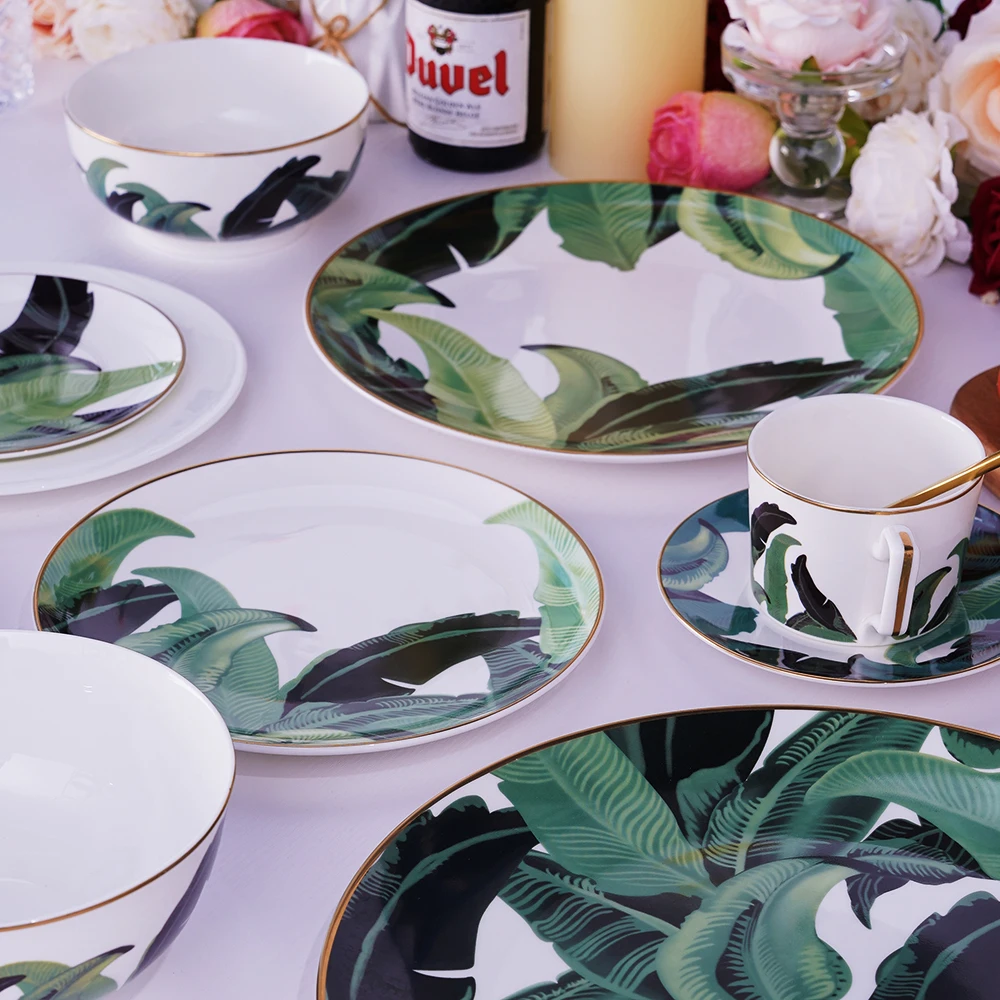 Bone China Dinnerware 4Pcs Plate Set Green Banana Leaves Ceramic Tableware Wedding Charger Plate for Event&Catering